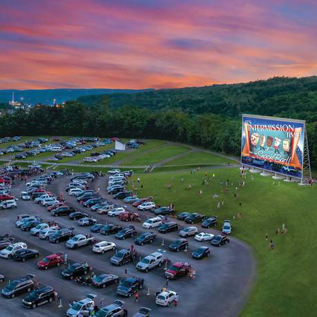 An aerial view of the Circle Drive-In Theater's parking lot and movie screen in Dickson City, PA