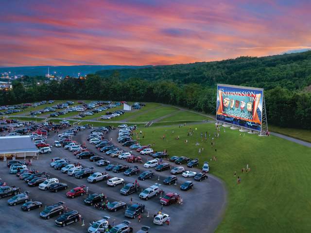 An aerial view of the Circle Drive-In Theater's parking lot and movie screen in Dickson City, PA