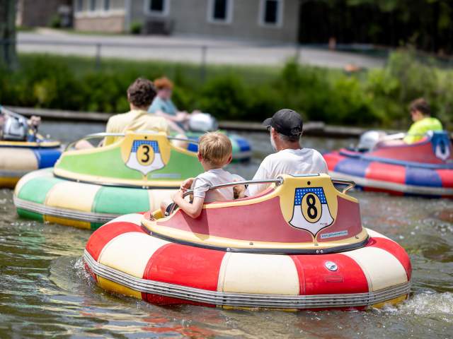 A group of people playing in Lahey Family Fun Park's bumper boats in Clarks Summit, PA