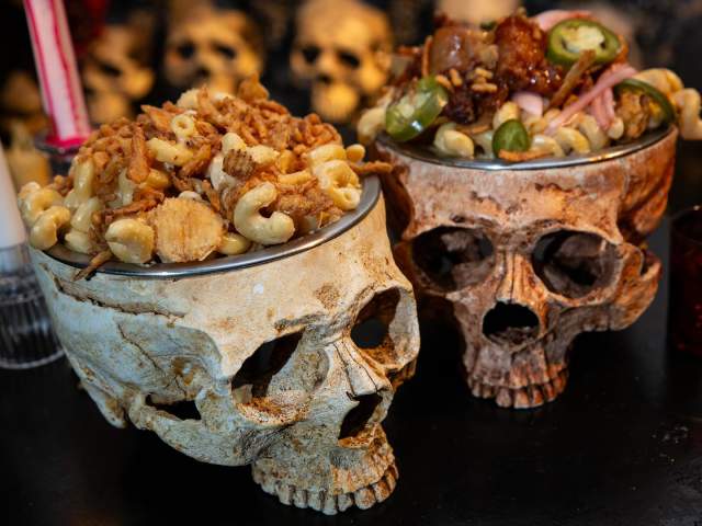 Macaroni and cheese in skull-shaped bowls at Noir Dark Spirits in downtown Scranton, PA