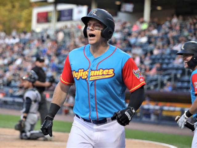 An SWB RailRiders player wearing the Copa de la Diversión jerseys at PNC Field in Moosic, PA