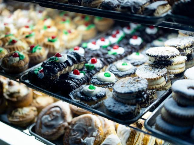 assorted desserts in a display case at the Lackawanna Winter Market in Scranton, PA