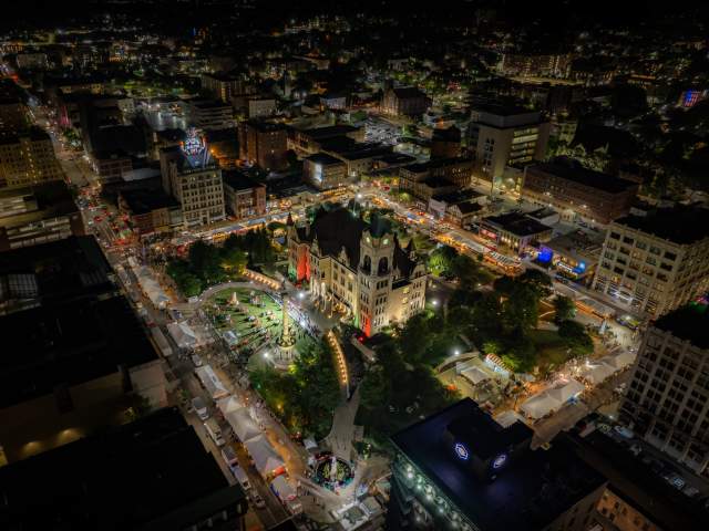 An aerial shot of during La Festa Italiana over Courthouse Square in Downtown Scranton, PA