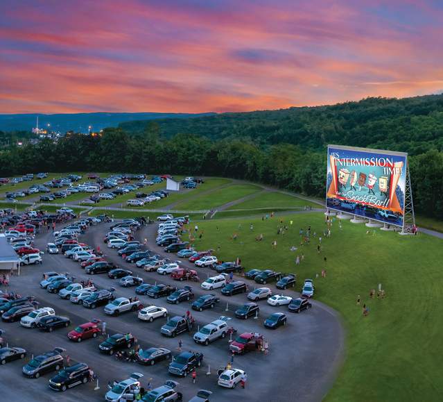 An aerial view of the Circle Drive-In Theater's parking lot and movie screen in Dickson City, PA