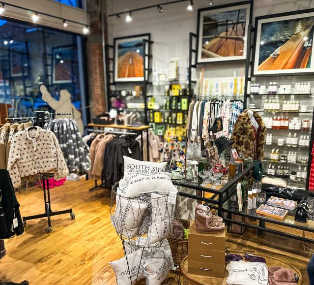 Merchandise on display shelves and racks at Lavish Scranton in Downtown Scranton, PA