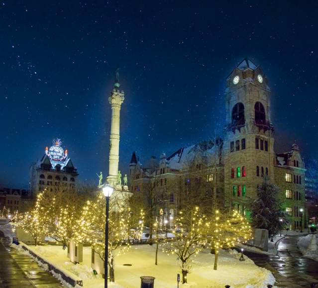 Holiday Lights during a winter night at Courthouse Square in downtown Scranton, Lackawanna County, PA.