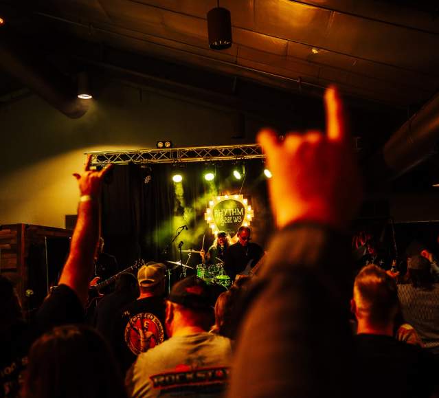 A crowd in front of a stage watching a live band perform at the Rhythm & Brews festival at Montage Mountain Resorts in Scranton, PA