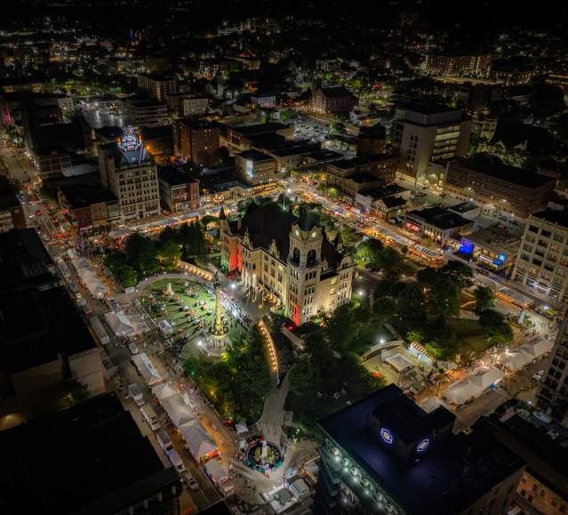 An aerial shot of  during La Festa Italiana over Courthouse Square in Downtown Scranton, PA