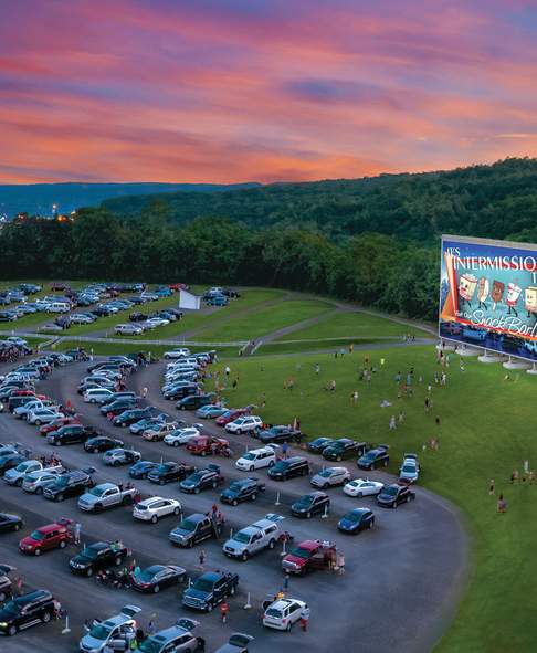 An aerial view of the Circle Drive-In Theater's parking lot and movie screen in Dickson City, PA