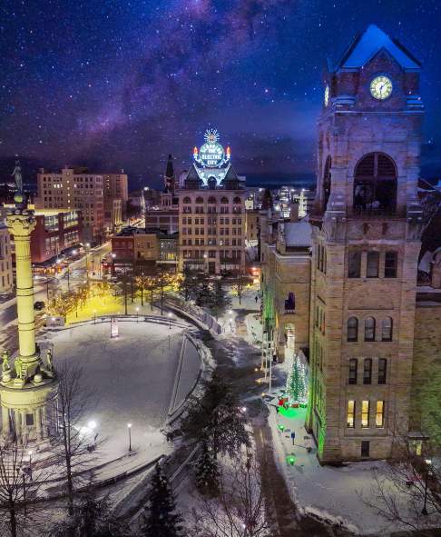 Holiday Lights during a winter night at Courthouse Square in downtown Scranton, Lackawanna County, PA.