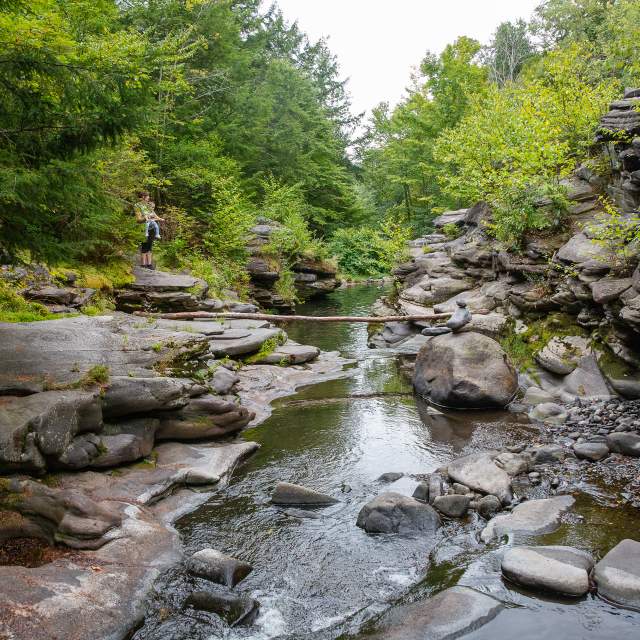 Woman holding a small child while overlooking a creek at Panther Creek Nature Preserve in Simpson, PA.
