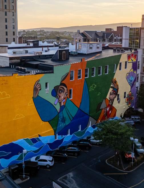 An aerial photo of the Remembrance and Continuance: The Lenape Story in Scranton mural in Downtown Scranton