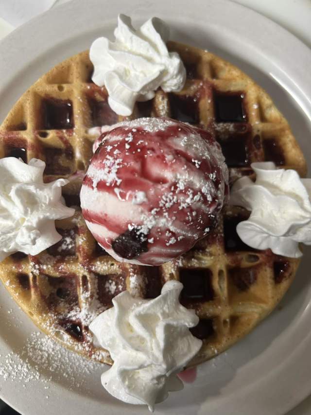 Waffle with ice cream and whipped cream at The Eatery by Jessica in Jessup, PA
