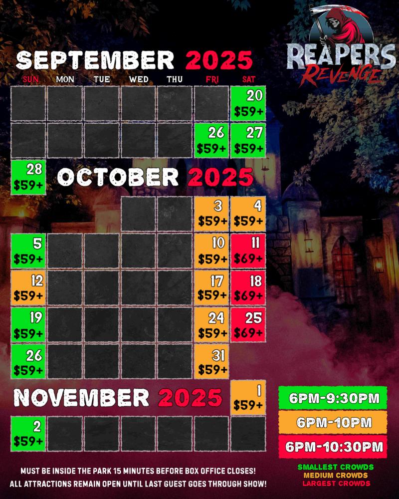 The 2025 schedule for Reaper's Revenge Haunted Attraction in Scott Township, PA