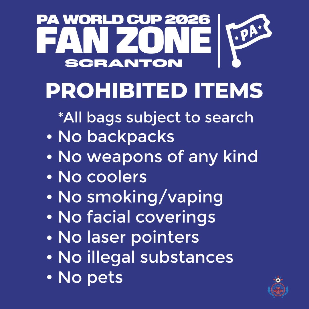 A graphic of important info for the World Cup Fan Zone in Downtown Scranton, PA