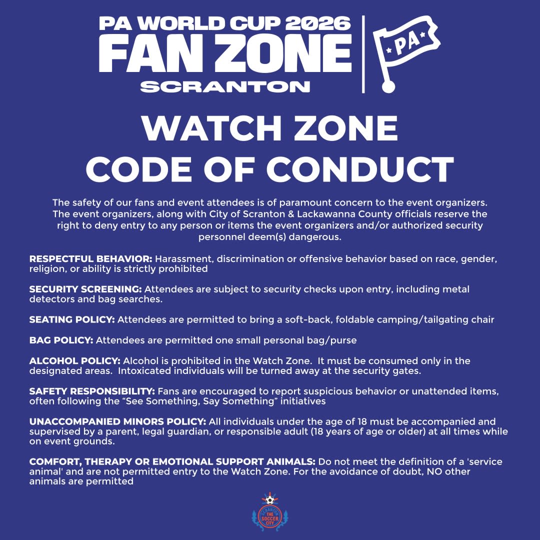 A graphic of important info for the World Cup Fan Zone in Downtown Scranton, PA