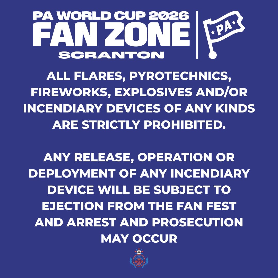 A graphic of important info for the World Cup Fan Zone in Downtown Scranton, PA