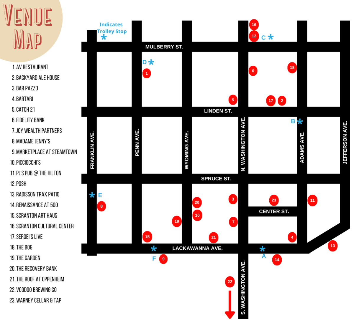 The 2025 Venue Map for the Scranton Jazz Festival