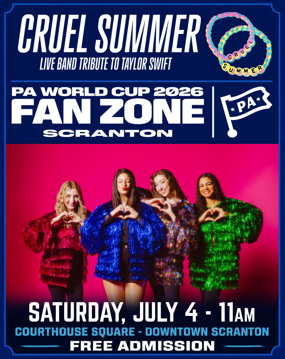 A promotional flyer for Cruel Summer: Live Band Tribute to Taylor Swift for the Scranton World Cup Watch Party