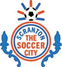 A white logo of Scranton The Soccer City