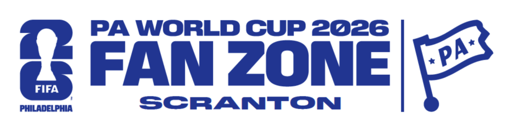 A white logo for the PA World Cup Fan Zone in Scranton