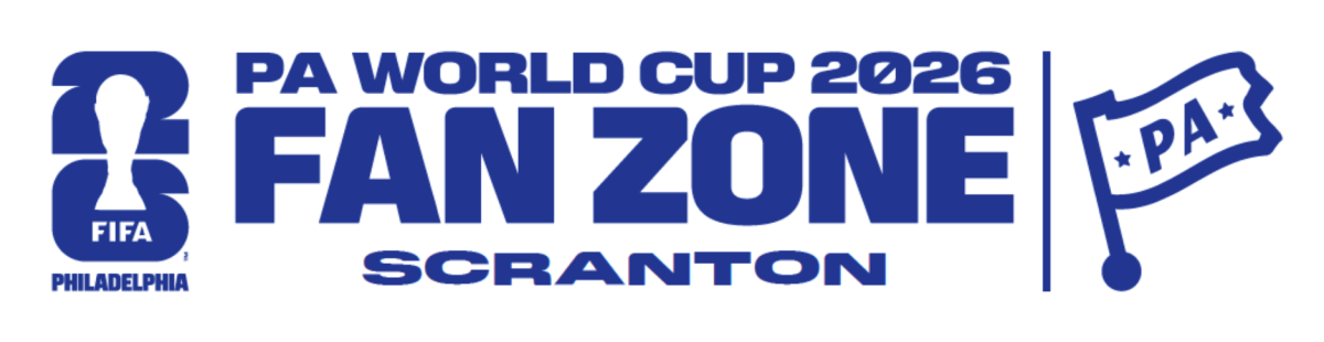 A white logo for the PA World Cup Fan Zone in Scranton