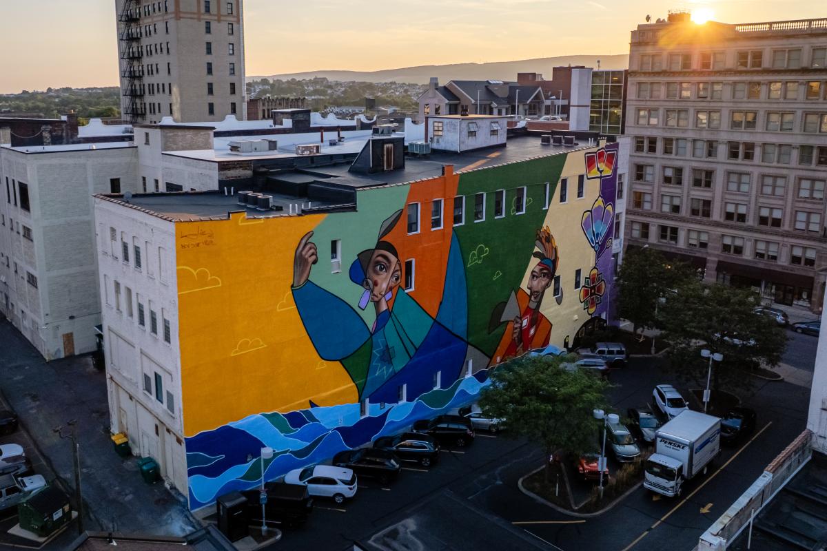 An aerial photo of the Remembrance and Continuance: The Lenape Story in Scranton mural in Downtown Scranton