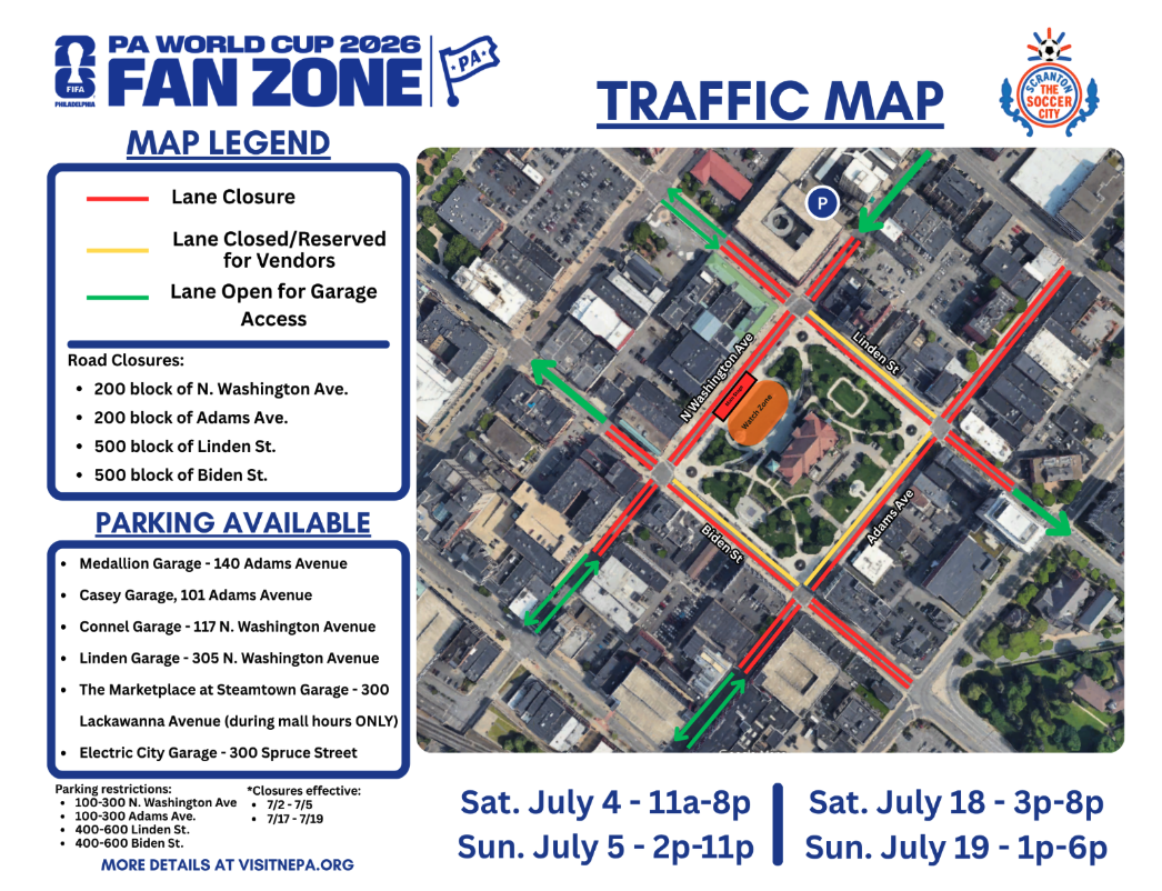 The road closures map for the World Cup Fan Zone in Downtown Scranton, PA