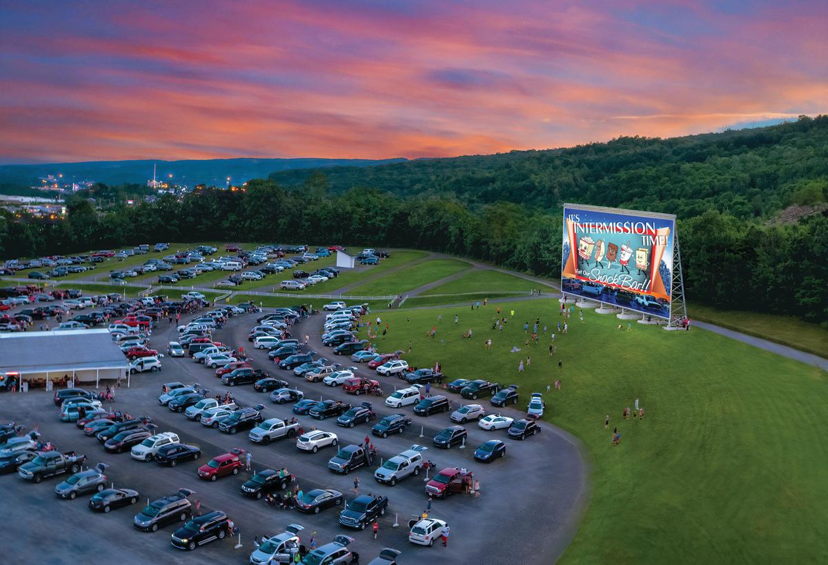An aerial view of the Circle Drive-In Theater's parking lot and movie screen in Dickson City, PA