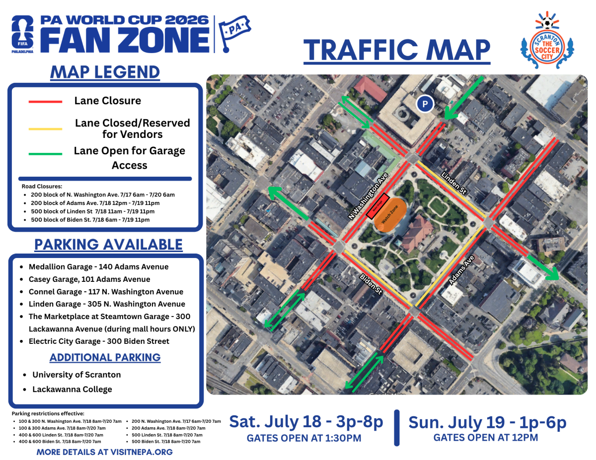 The road closures map for the World Cup Fan Zone in Downtown Scranton, PA