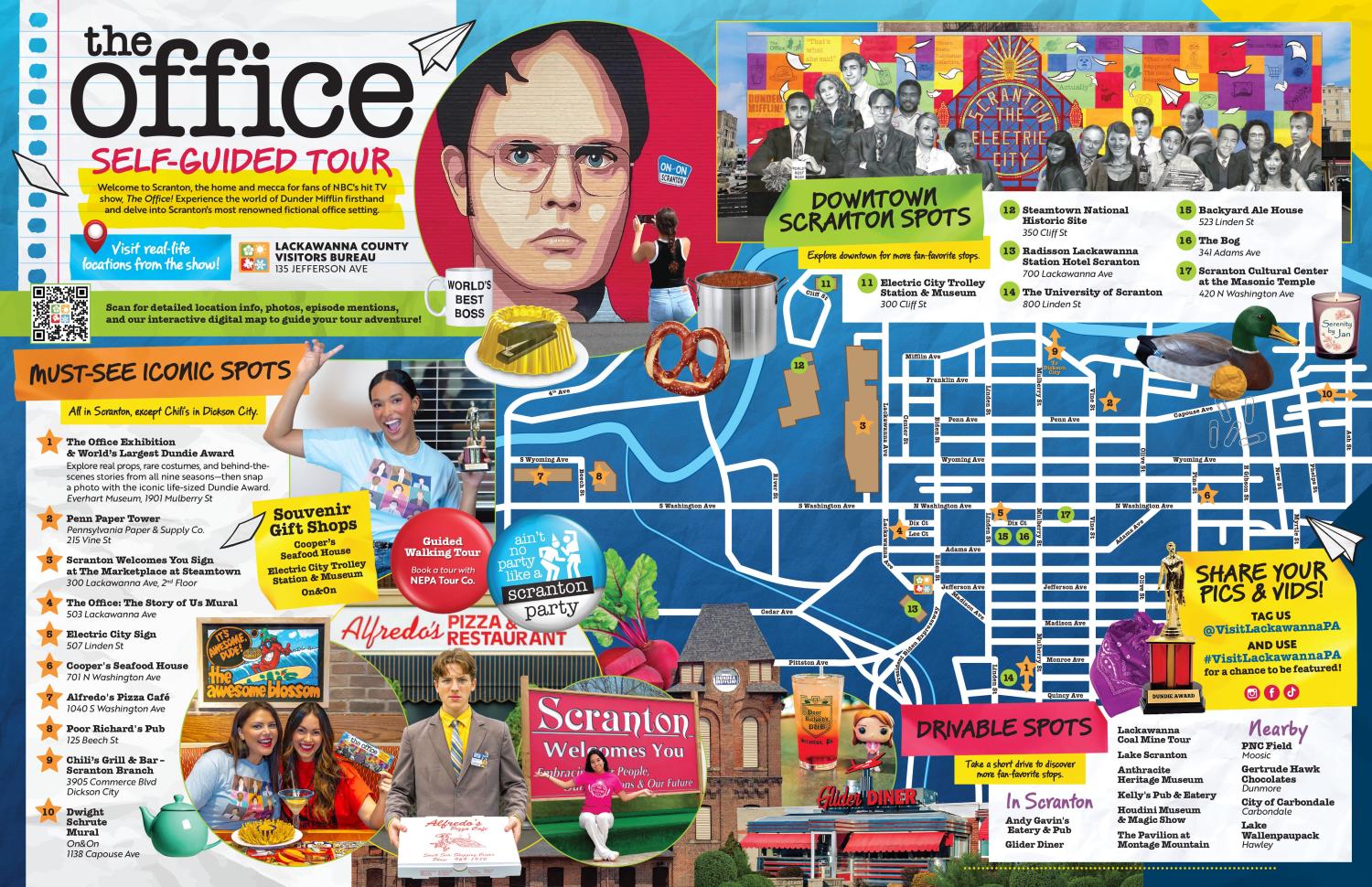The Office self-guided tour map of Scranton, PA, featuring landmarks, restaurants, murals, souvenir shops, and nearby stops.
