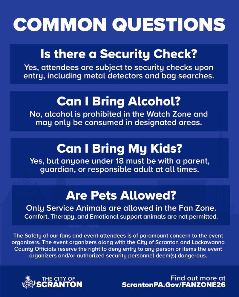 A graphic of important info for the World Cup Fan Zone in Downtown Scranton, PA