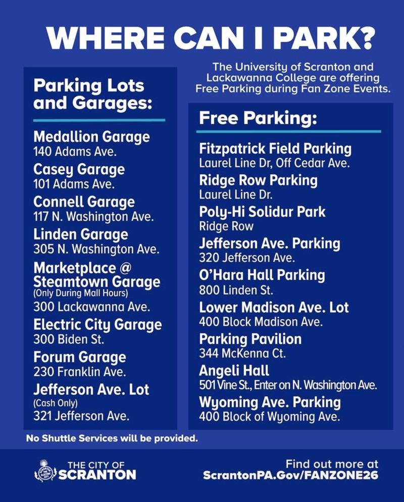 A graphic of important info for the World Cup Fan Zone in Downtown Scranton, PA