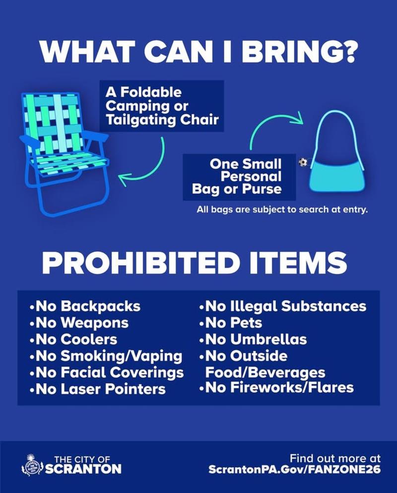 A graphic of important info for the World Cup Fan Zone in Downtown Scranton, PA