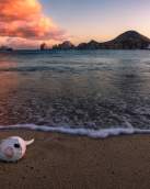 An intimate foreground view from El Medano Beach sand at golden hour, featuring a detailed conch shell as soft, silky waves wash by. The background shows the Sea of Cortez with anchored yachts and a clear silhouette of the iconic El Arco (The Arch) and Land's End granite formations under a dramatic, colorful sunset sky with a large, golden, lit cloud.