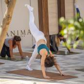 A woman in a teal sports bra and white leggings performs a three-legged downward-facing dog pose with one leg extended straight up. She is on a brown mat during an outdoor group yoga class on a stone pavilion.
