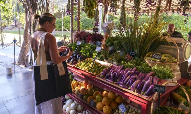 he same woman closely examining vegetables at the market stall, surrounded by vibrant produce, including eggplants, zucchini, and citrus fruits