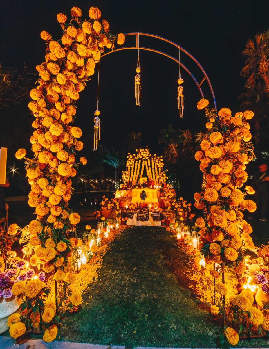 A glowing altar display at Flora Farms’ Annual Day of the Dead Altar Competition in Los Cabos, Mexico