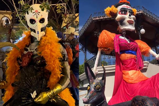 fotografías de un catrín disfrazado y de una catrina de cartón gigante