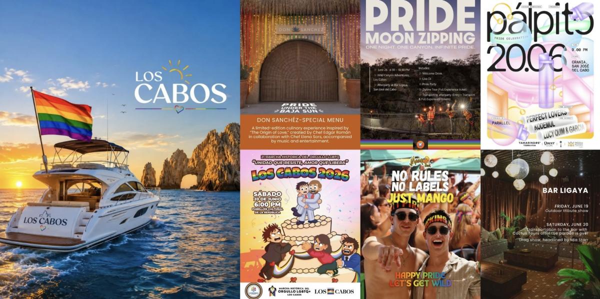 A collage of promotional images for Pride Month events in Los Cabos, featuring a luxury yacht flying a rainbow flag near the iconic Arch, alongside event flyers for nightlife, dining, a Pride march, and outdoor activities.