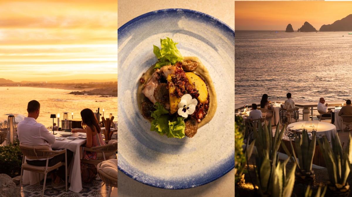 A three-photo vertical collage showcasing a fine-dining experience at Sunset Monalisa in Los Cabos during sunset.Left panel: A couple dines at a white-clothed table on an outdoor terrace, overlooking a dramatic, bright golden sunset that illuminates the ocean and the coastline.Middle panel: A top-down view of an elegantly plated gourmet dish on a rustic blue-rimmed plate, featuring seafood, roasted potatoes, fresh greens, and a small white edible flower garnish.Right panel: Patrons dine at tables on a multi-tiered cliffside patio overlooking the ocean at twilight, with the iconic silhouetted rock formations of El Arco (The Arch) visible in the distance under a warm orange sky.