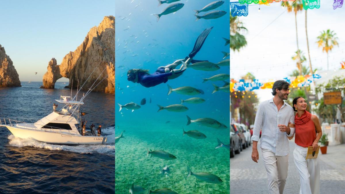 A three-panel photo collage showcasing vacation experiences in Cabo. The left panel features a white motor yacht cruising near the famous El Arco rock formation. The middle panel shows a person snorkeling underwater surrounded by a school of silver fish. The right panel depicts a smiling couple walking arm-in-arm down a vibrant town street decorated with colorful festive banners and palm trees.
