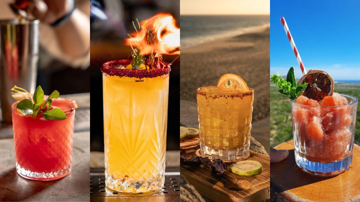 A collage of four vibrant craft cocktails in Los Cabos, featuring a flaming citrus drink, a beachside margarita at sunset, and a frozen red slushy against a bright blue sky.