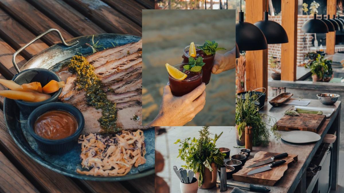 A collage of Suelo Sur restaurant in Los Cabos featuring sliced brisket with chimichurri, a cocktail toast, and a rustic outdoor kitchen prep area with fresh herbs.
