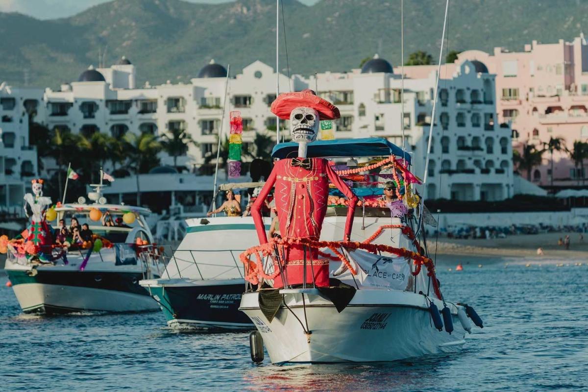 A boat decorated for Día de los Muertos during Altares en el Mar in Los Cabos, Mexico