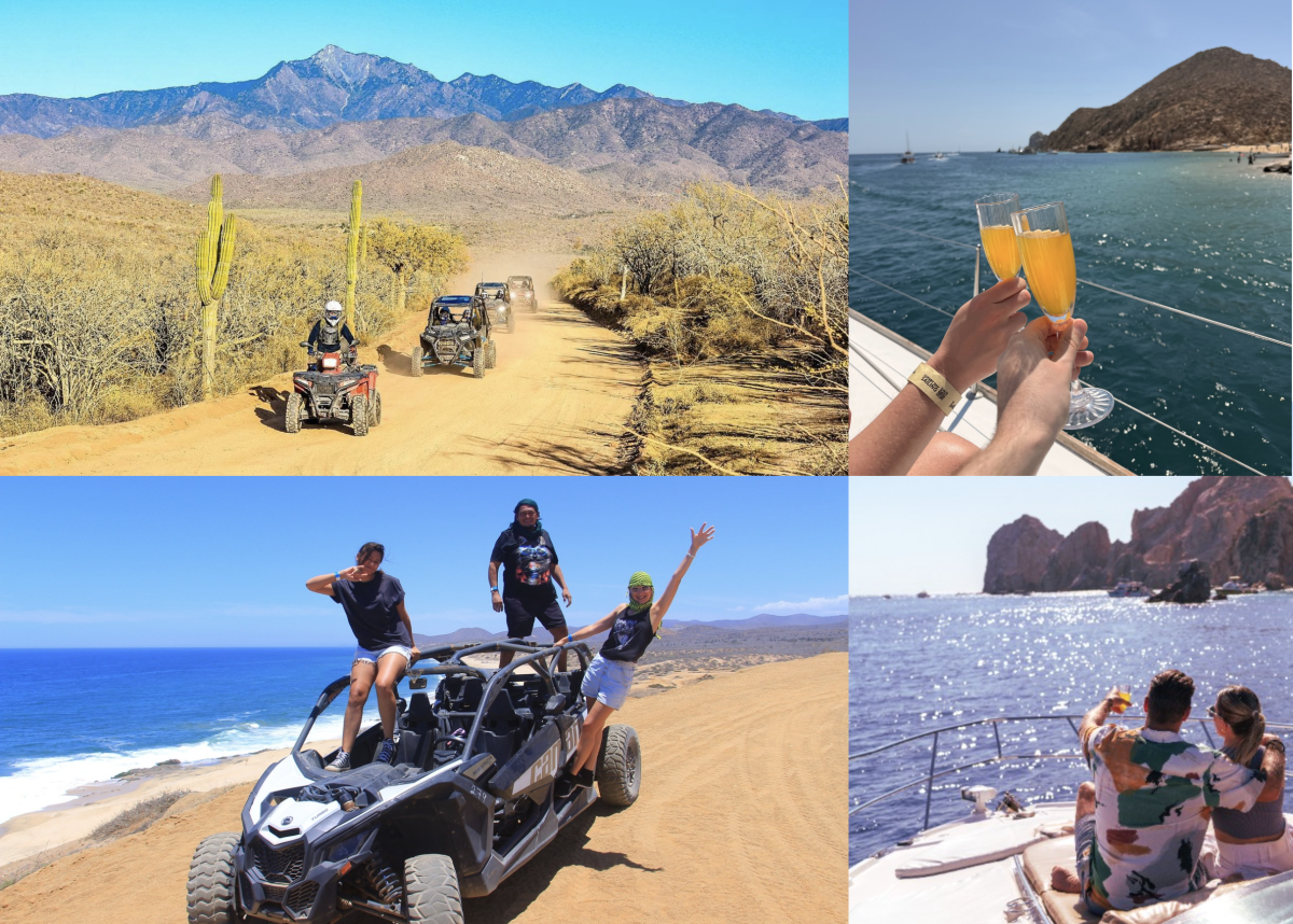 A four-photo collage of a vacation in Los Cabos, Mexico.Top left: A line of ATVs and UTVs driving down a dusty desert trail surrounded by cacti, with a large mountain range under a clear blue sky in the background.Top right: A first-person view of two people toasting with champagne flutes of orange juice on a boat, with the blue ocean and a desert hill in the distance.Bottom left: Three people posing playfully on a dark UTV parked on a sandy dune overlooking a bright blue ocean beach.Bottom right: A couple sitting together on the bow of a white yacht, looking out at the sparkling blue sea and rocky coastal cliffs.