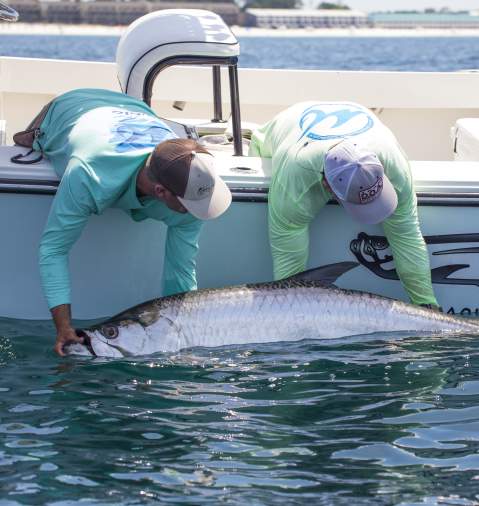 Two men pulling fish aboard a boat in Panama City Beach