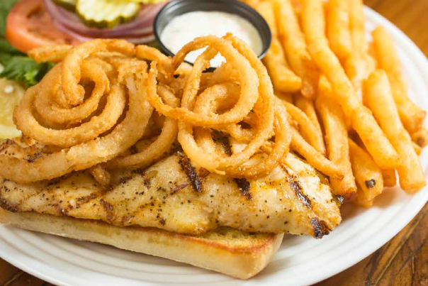 Grilled grouper sandwich with onion rings