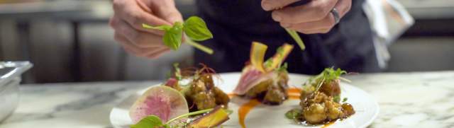 close up of hands plating a dish