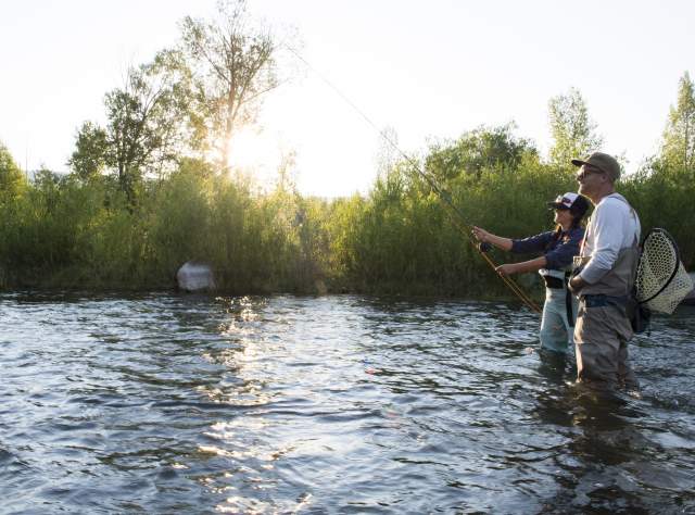 Man and woman fly fishing in the summer on the Provo River.